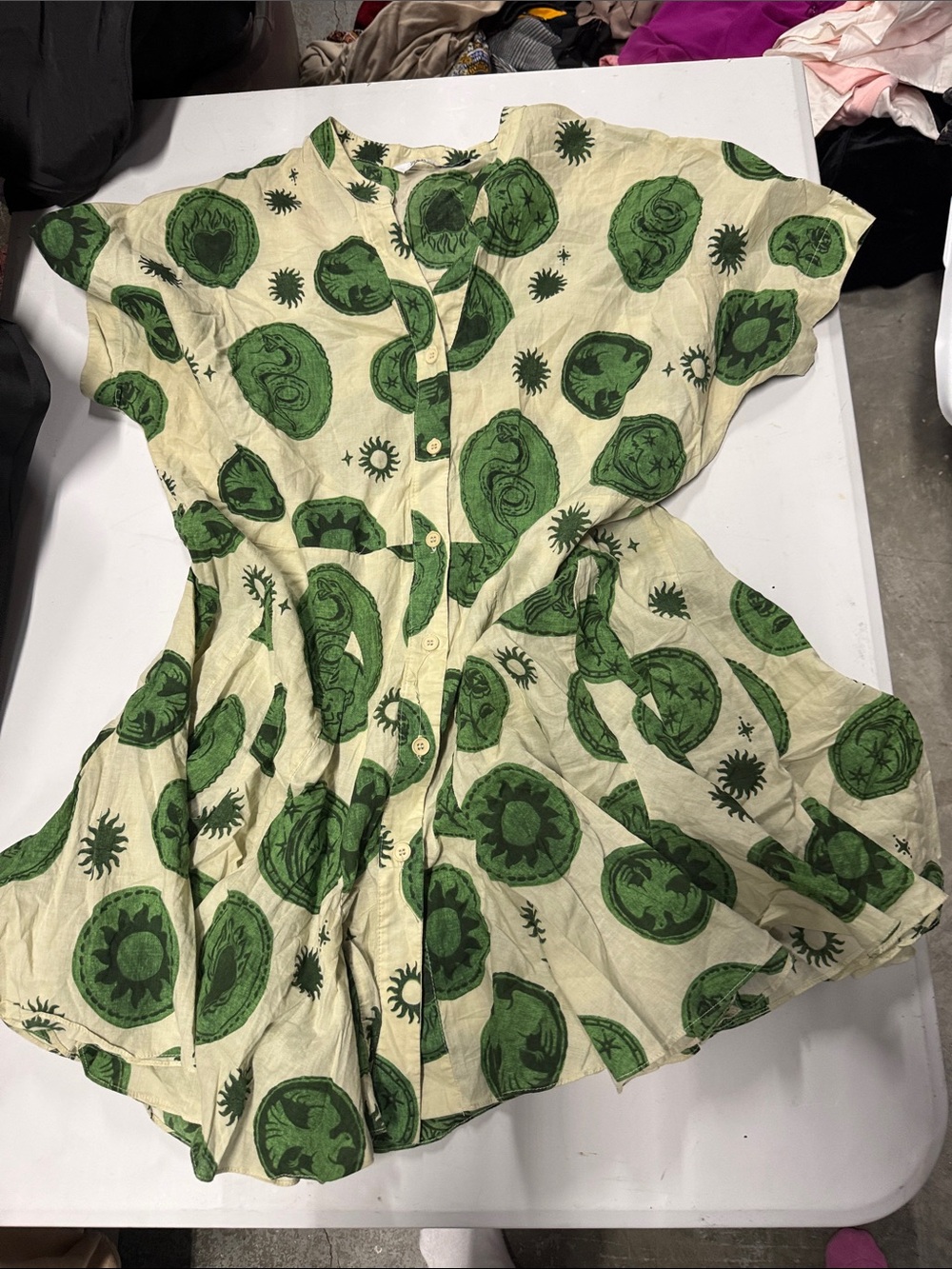 Zara Cream Dress with Green Sun Motif